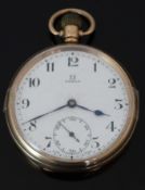 Omega 9ct gold keyless winding open faced pocket watch with inset subsidiary seconds dial, blued