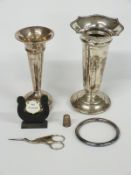 Hallmarked silver trumpet vase, height 17.5cm, a plated example, bridge stand, hallmarked silver