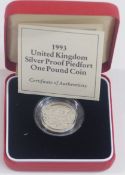1993 cased silver proof Piedfort £1 coin