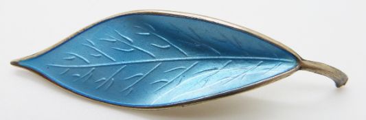 David Andersen Norway silver leaf brooch set with blue enamel, 6.5cm long