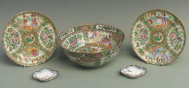 A pair of Chinese Cantonese famile rose plates together with a similar bowl, 25.5cm in diameter