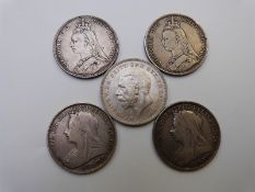 Five English crowns comprising 1896 & 1897 veiled heads, two 1888 Jubilee examples and a George V '