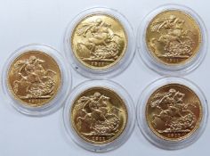 King George V 1911 five coin mint mark set comprising five gold full sovereigns with mint marks