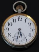 Swiss ‘Goliath’ nickel plated keyless winding open faced pocket watch with subsidiary seconds