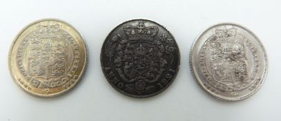 Three George III sixpences comprising 1821 first head, first reverse, VF and toned and two further