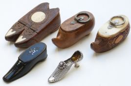 Five novelty trinket pots, all in the form of shoes, including one hallmarked silver example