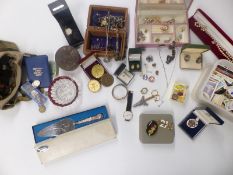 A collection of costume jewellery including necklaces, earrings, silver necklace marked CJ, 9ct gold