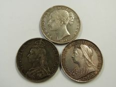 A trio of Victorian crowns to include young head 1847, 1899 LXII with star stops, and an 1891