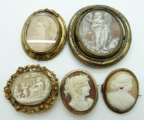 Three Victorian pinchbeck cameo brooches, Victorian swivel brooch and a yellow metal brooch set with
