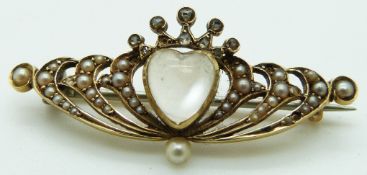 Victorian brooch in the form of a heart and coronet, set with a heart shaped moonstone, seed