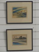 A pair of Hiroshigo Ando (1797-1858) woodblock prints, one of the Tokido 53 station, 14cm x 19cm