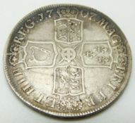 1707 Queen Anne crown, second bust SEXTO edge, Edinburgh, plain reverse (period graffiti 'MB' to