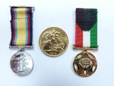 1979 gold full sovereign as part of a 'Behind Enemy Lines' Gulf War presentation miniature medal