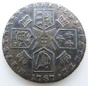 George III 1787 sixpence VF-NEF without hearts, with light scratches to neck, blue tone