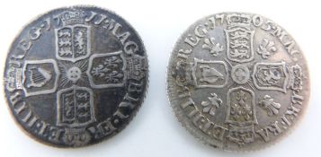 Queen Anne 1711 sixpence, plain angles, toned, GF together with a 1705 plumes in angles example with