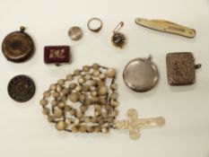 Rosary beads, ivory folding fruit knife, Hallmarked silver vesta, velvet box, hallmarked silver