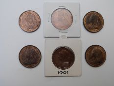 1896-1901 run of veiled head Victorian pennies, various grades VF- near unc with lustre, 6 coins