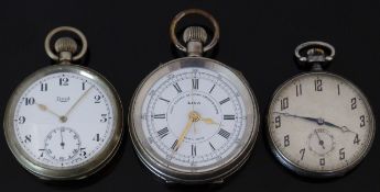 Three keyless winding open faced pocket watches one Liga ‘Best Centre Seconds Chronograph’ with gold