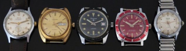 Five gentleman's wristwatches comprising Garrard gold plated automatic, Borea and Lucerne diver's