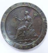 George III 1797 cartwheel penny, EF+ with toning, 10 laurel leaves