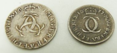 1677 Charles II Maundy twopence, NVF, together with a Maundy 1680 threepence, NVF