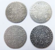 Two 1787 George III sixpences without hearts together with two further examples with hearts, F-VF