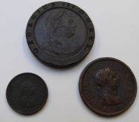 George III 1797 cartwheel twopence together with an 1807 penny and a 1799 Soho third issue farthing,