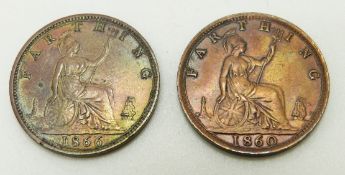 1860 young head Victorian farthing EF+ with lustre, together with an 1866 example NEF with lustre