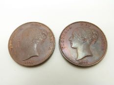 1841 Victorian copper penny, no colon after reg., EF, together with an 1847 example, EF with tiny