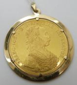 Austrian 1915 gold coin in a 14ct gold mount, 18.8g