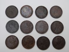 A collection of twelve 1870s young head bronze pennies to include 1870, 1872, 1873, 1874, 1875, 1878