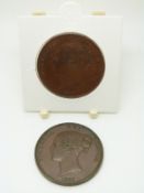 1847 Victorian copper penny, close colon, together with an 1848 far colon example, both EF