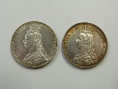 Two Jubilee head Victorian crowns for 1888, one having the close date, one with the wide date,