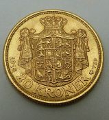 Christian X 1914 Danish gold 20 Kroner coin, 8.98g