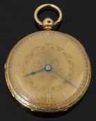 English 18ct gold open faced pocket watch with blued hands, Roman numerals, engraved dial and