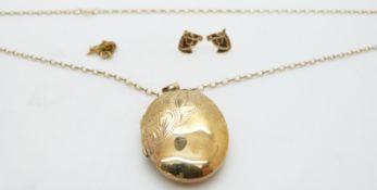 A 9ct gold locket and chain, a 9ct gold chain and a pair of 9ct gold earrings, 6.9g