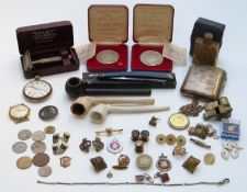 Hallmarked silver cigarette case, military badges, silver fobs, Guinness cufflink, military watch,