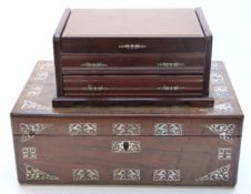 A 19thC mother of pearl inlaid rosewood box and a jewellery box with lift up lid and single