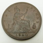 1860 Victorian young head penny, TB, signature on cape obverse, LCW under shield reverse, EF even