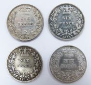Four young head Victorian sixpences, two for 1875 and two for 1876, die number 7, 29, 71 and 12, F-