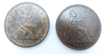 1860 Victorian bronze young head penny OT TB GVF, together with further example VF-EF, die crack
