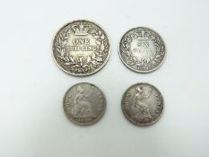 1834 William IV shilling, VF, together with a sixpence, VF and two 1836 groats