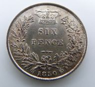 Victoria 1850 young head sixpence EF+