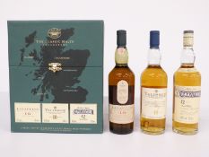 The Classic Malts Collection three bottle single malt whisky set comprising Lagavulin 16 year old,