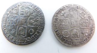 George I 1723 sixpence SSC in angles reverse, GF with some pitting obverse, together with a 1734
