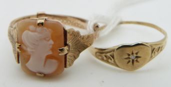 A 9ct gold heart shaped signet ring and a 9ct gold ring set with a cameo