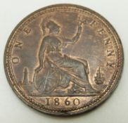 1860 Victorian young head bronze penny, BB, signature on cape obverse, LCW under shield, rock to