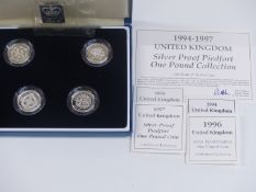 Royal Mint deluxe cased UK £1, four coin silver proof Piedfort set 1994-97