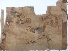 Chinese 18thC / 19thC embroidered wool and gold foil wall hanging with dragon decoration, 88cm x