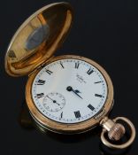 Waltham gold plated keyless winding half hunter pocket watch with inset subsidiary seconds dial,